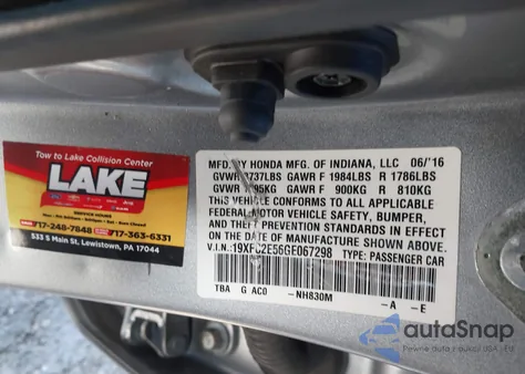 2016 Honda Civic Lx from USA, damaged, VIN 19XFC2E56GE067298